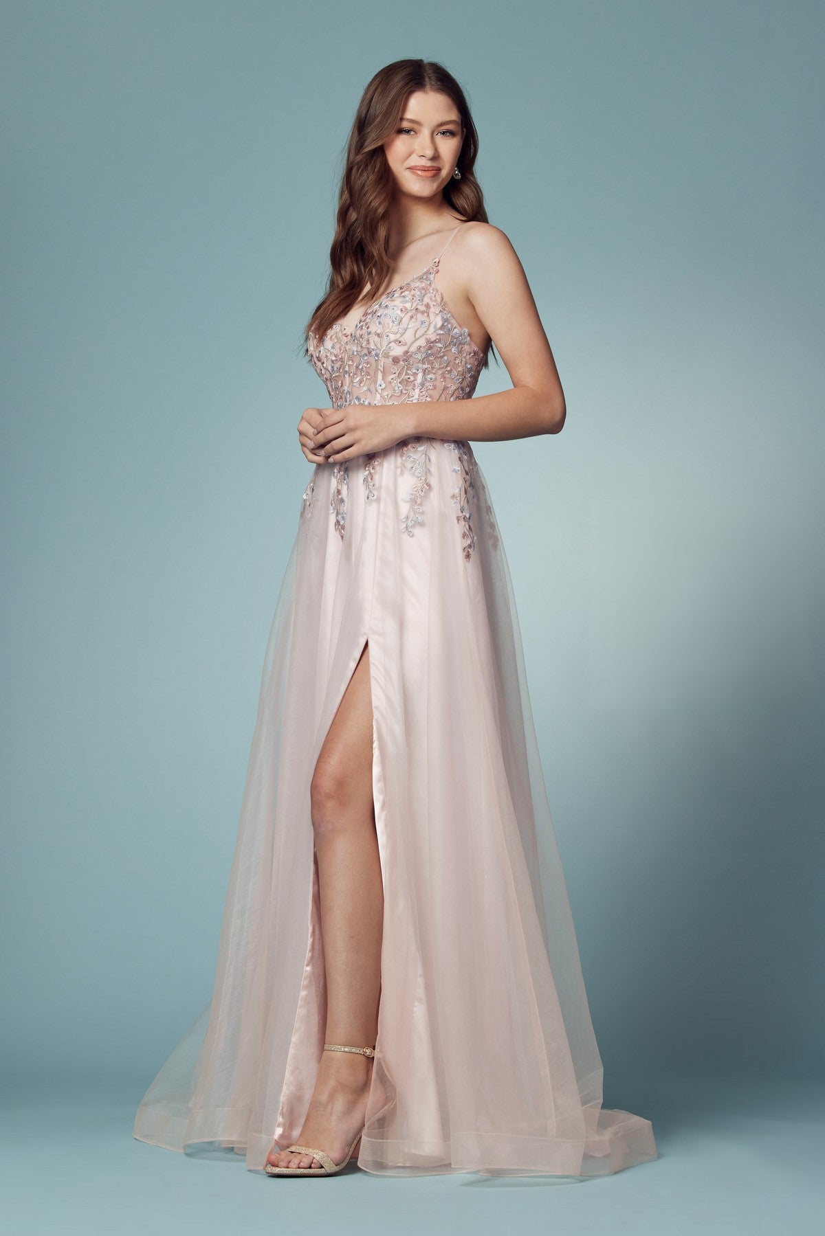 Embroidered Bodice Open Back High Slit Long Prom Dress NXS1015-2