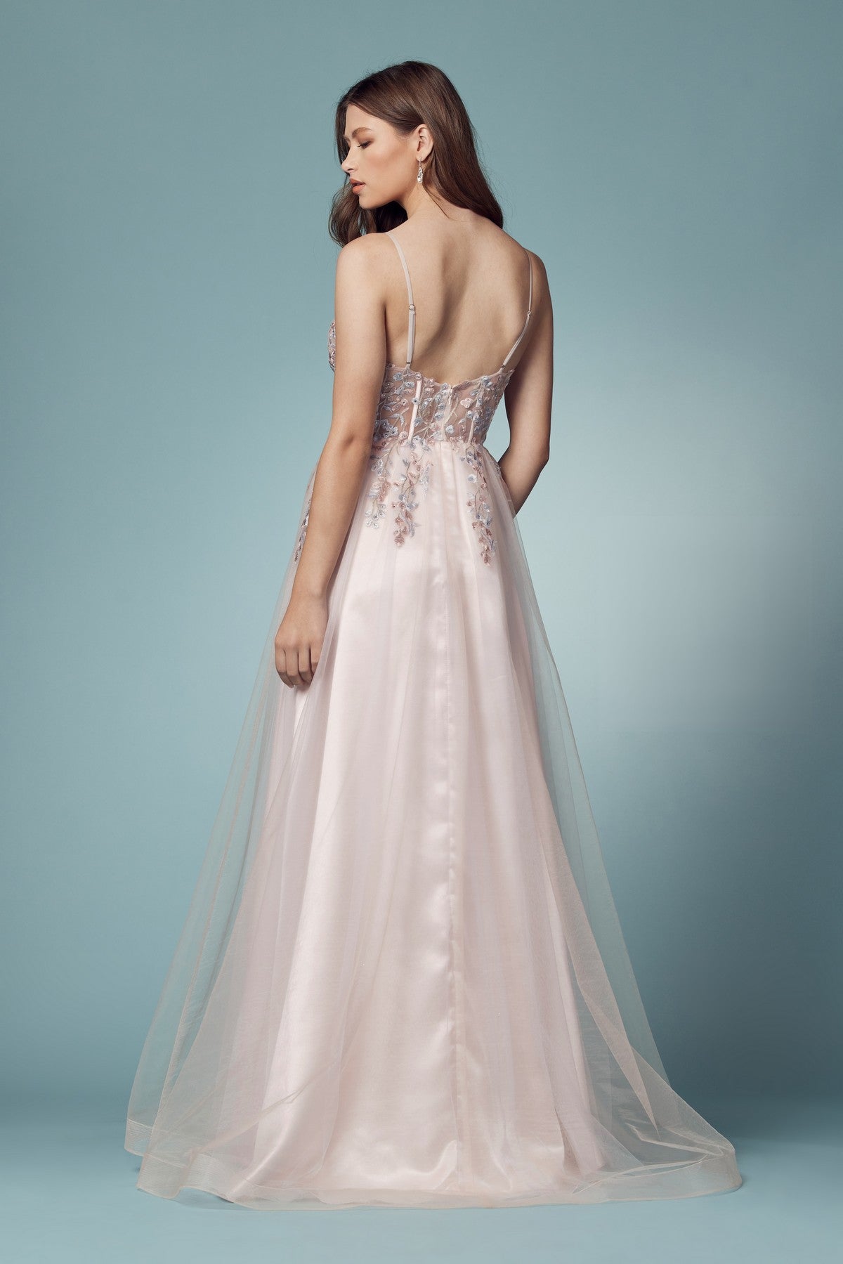 Embroidered Bodice Open Back High Slit Long Prom Dress NXS1015-3