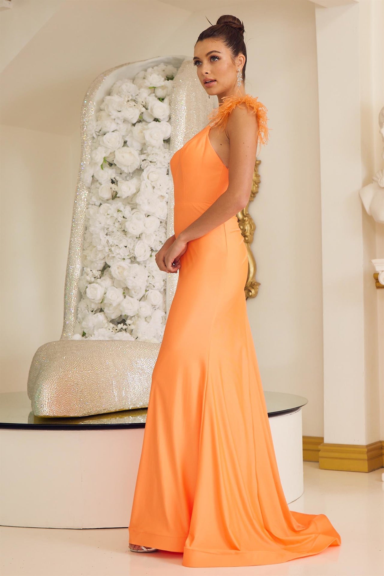 Mermaid Satin Embellished Feather Open Back Long Prom Dress NXT1138-3