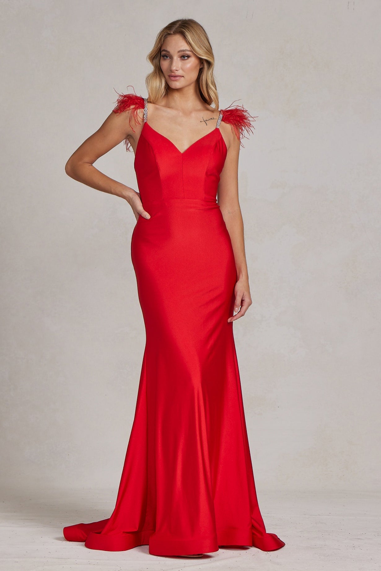 Mermaid Satin Embellished Feather Open Back Long Prom Dress NXT1138-4