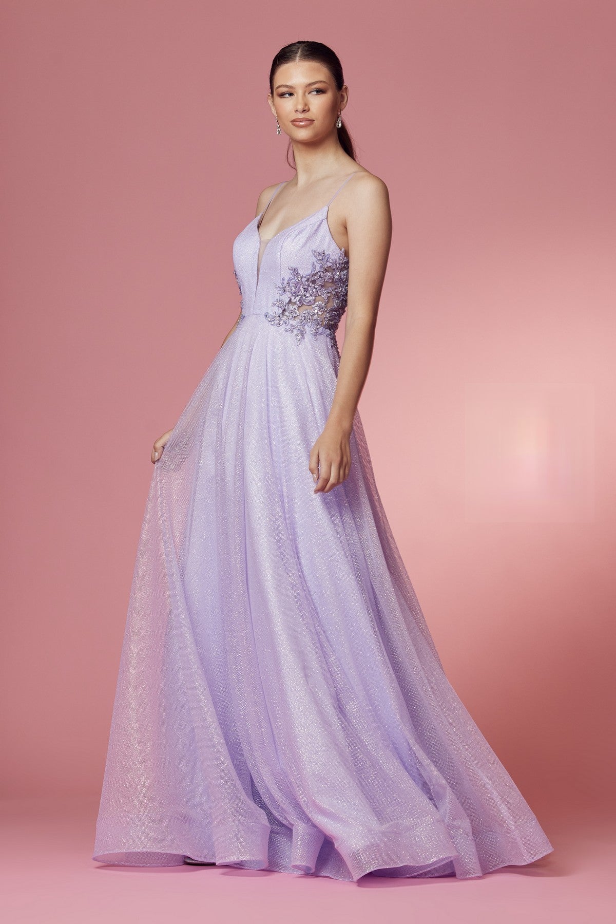Embellished Glitter Illusion V-Neck Long Prom Dress NXT1033-4