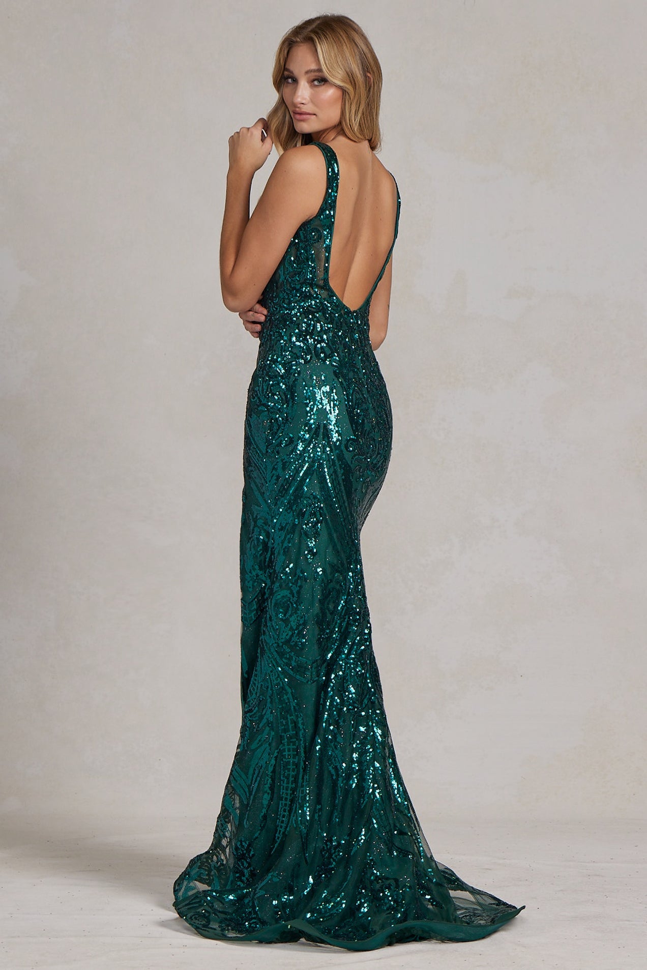 Embroidered Sequins Square Neck Side Slit Long Prom Dress NXC1103-5
