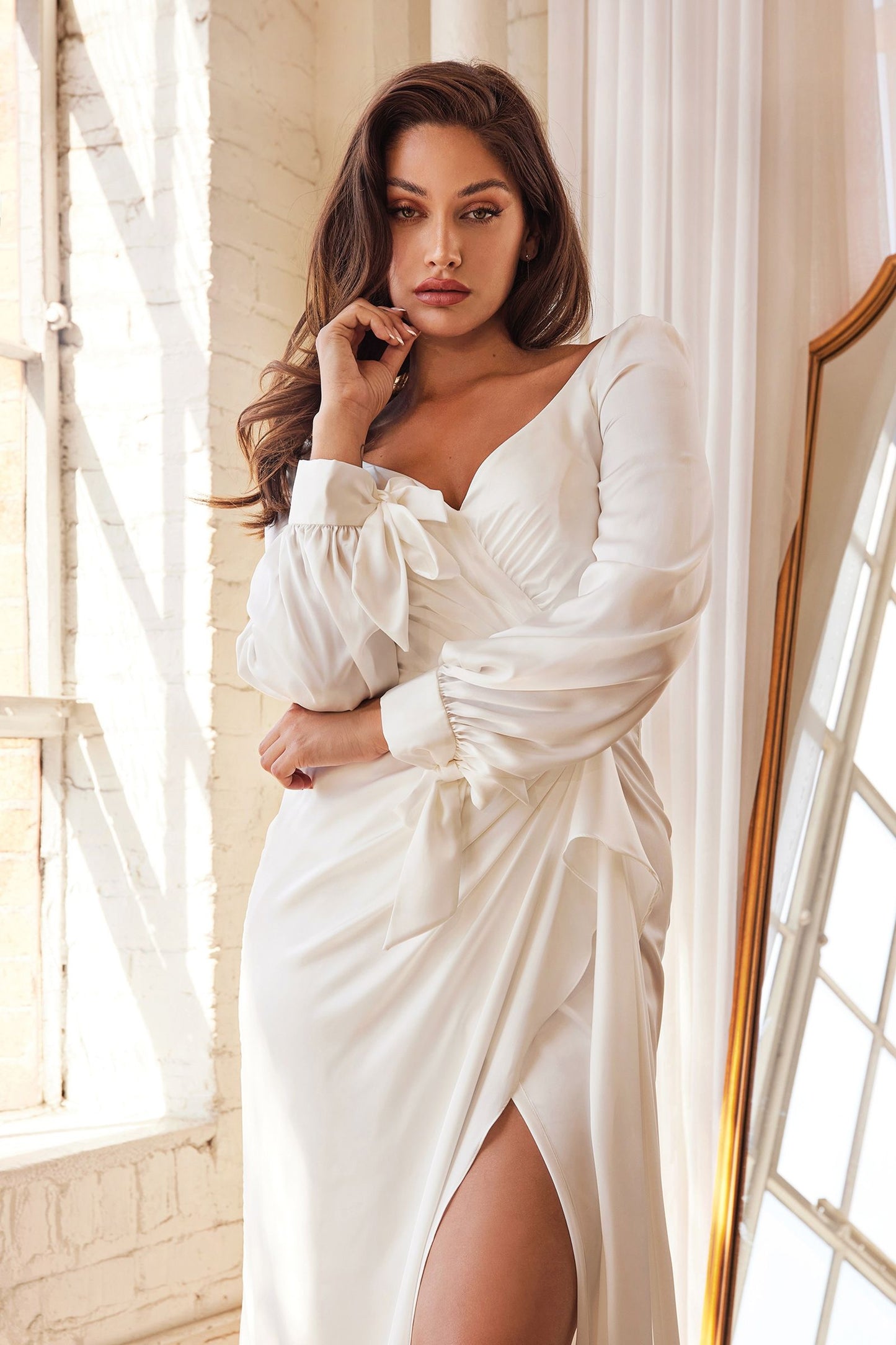 Wrap-Effect Long Sleeve Satin with a Leg Slit Modern Luxury Bride Wedding & Bridal Dress CD7478W-0