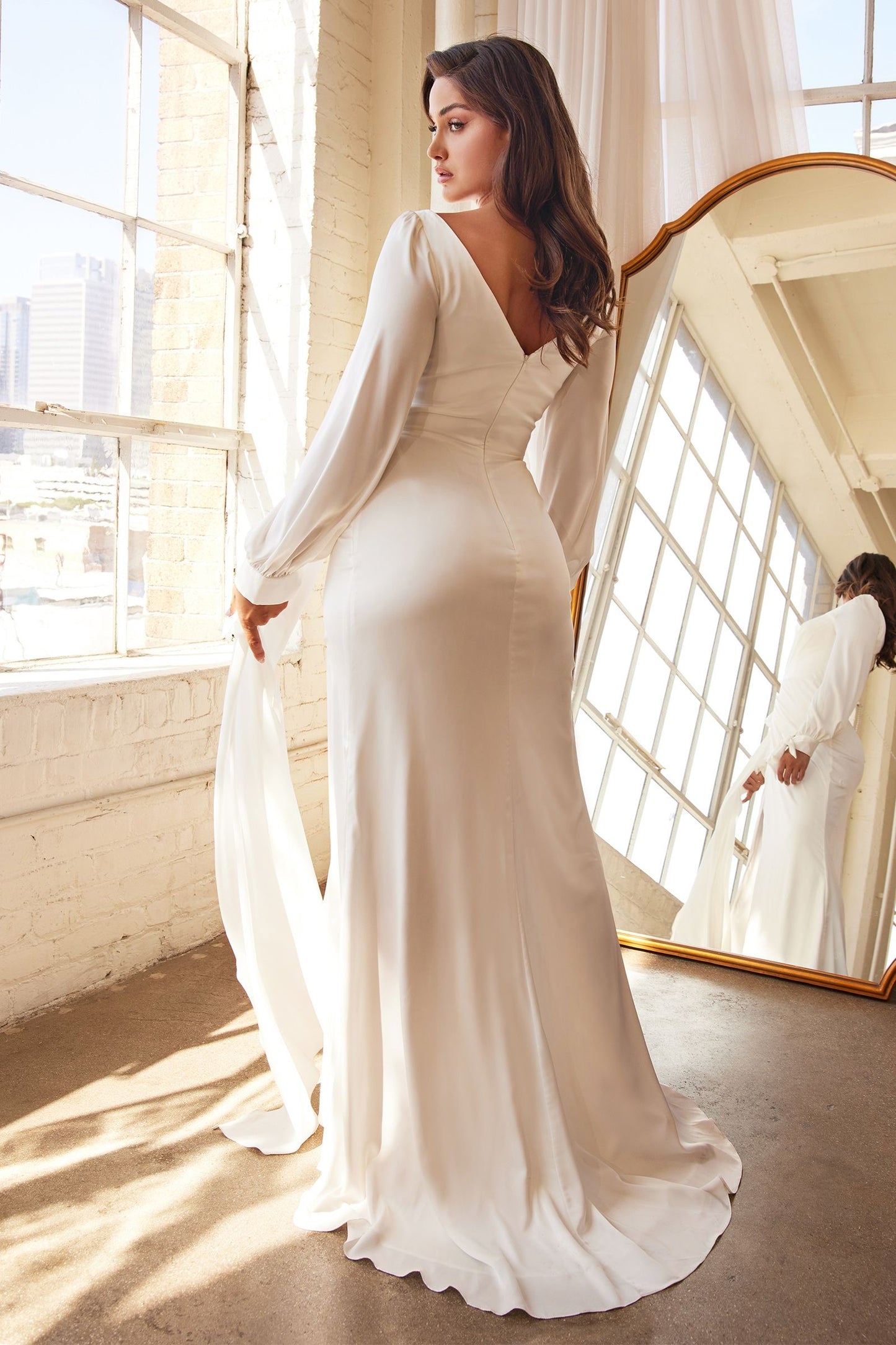 Wrap-Effect Long Sleeve Satin with a Leg Slit Modern Luxury Bride Wedding & Bridal Dress CD7478W-1