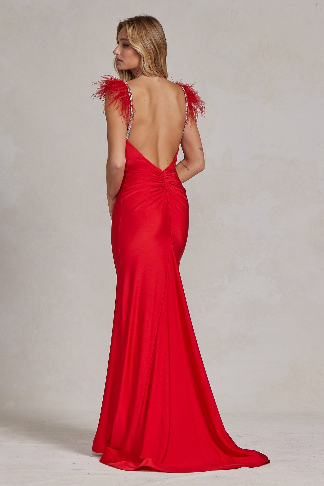 Mermaid Satin Embellished Feather Open Back Long Prom Dress NXT1138-6