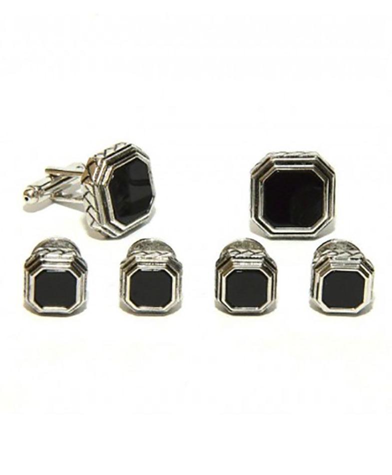 Black Octagon Onyx in Antique Silver Setting Studs & Cufflinks Set-0