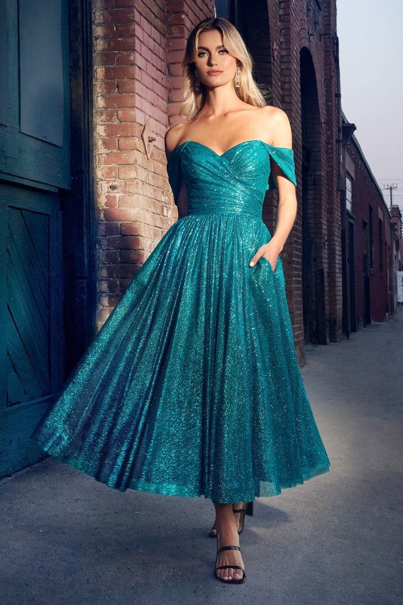Off The Shoulder Glitter Tea Length Dress-10