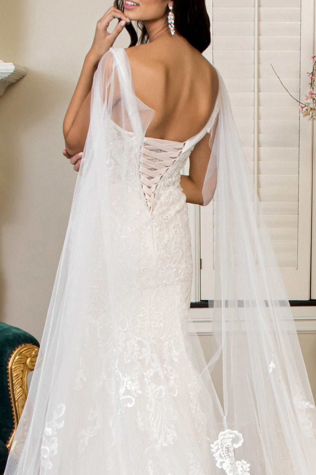 Embroidered V-Neck Mermaid Wedding Gown w/ Detachable Cape - Mask Not Included-5