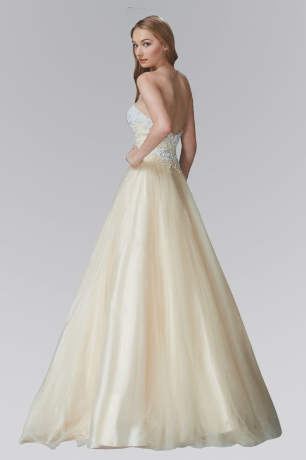 Strapless Sweetheart A-Line Tulle Long Dress with Bead and Pearl Embellished Bodice-5