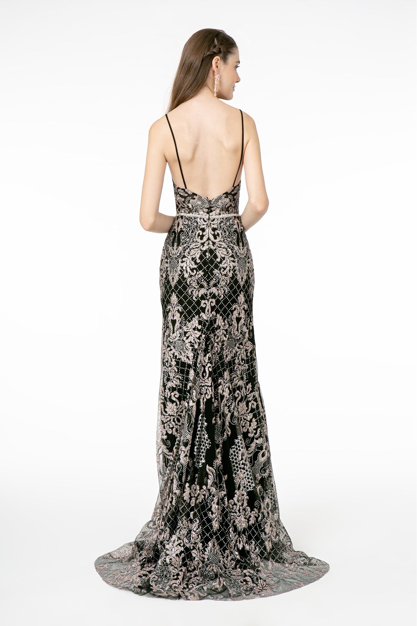 Jeweled Waist Band Accented Glitter Mesh Long Prom Dress GLGL2990-1