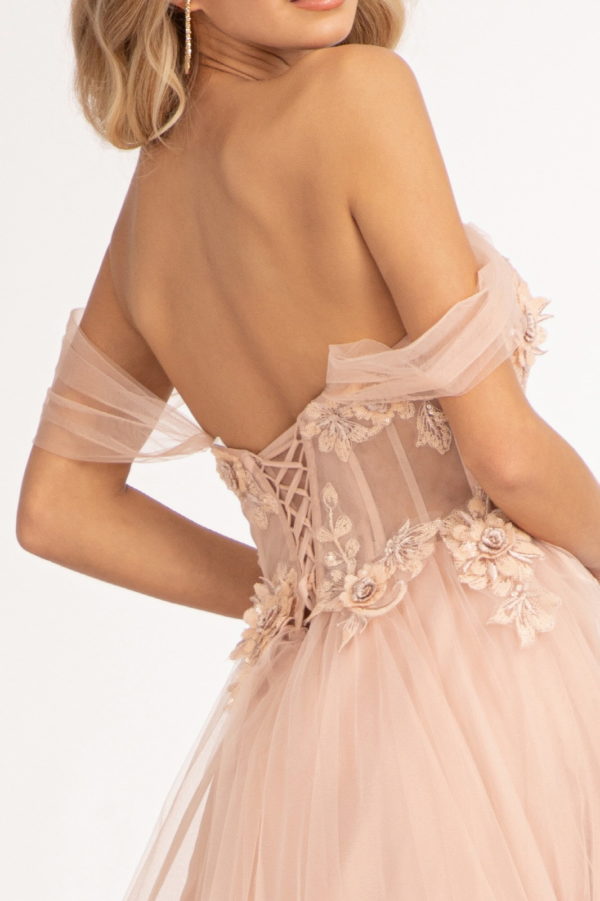 3-D Flower Embellished Mesh A-line Dress w/ Lace-up Open Back-6