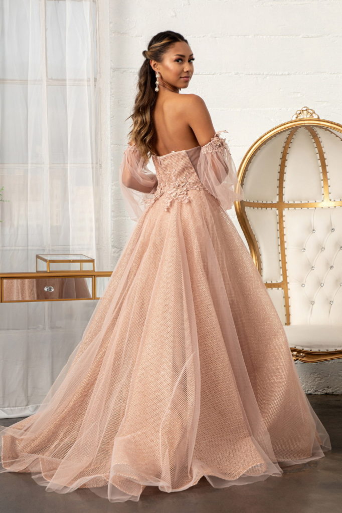 3-D Flower Embellished Glitter Netting A-line Dress w/ Detached Long Sleeves-5