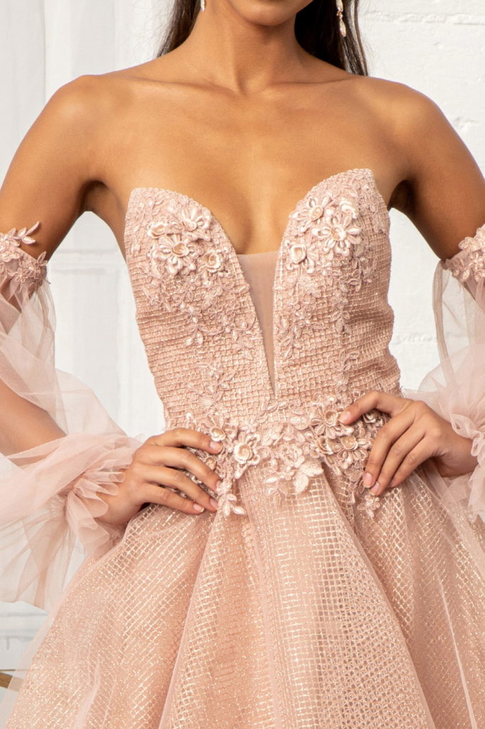 3-D Flower Embellished Glitter Netting A-line Dress w/ Detached Long Sleeves-7