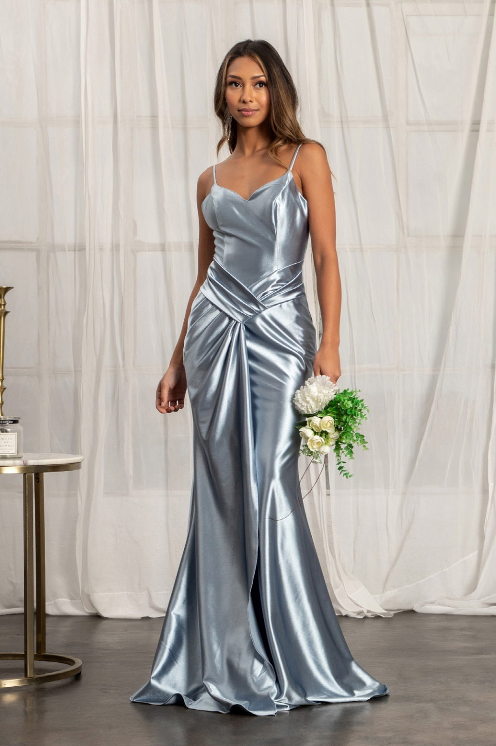 Sweetheart Satin Mermaid Dress w/ Open Back and Side Gathered Waistline-12