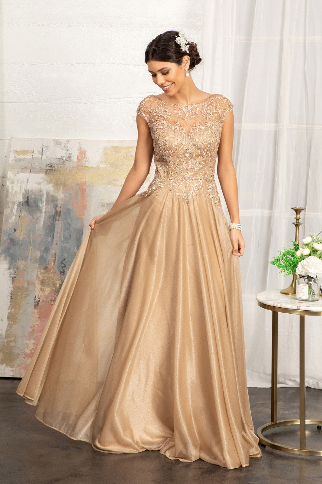 Beads Embellished Embroidered A-line Dress Scoop-Neck GLGL3068 Sale-0