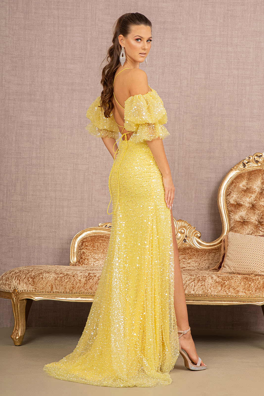 Jewel Sweetheart Mesh Mermaid w/ Detachable Short Puff Sleeves Long Prom Dress GLGL3155-1