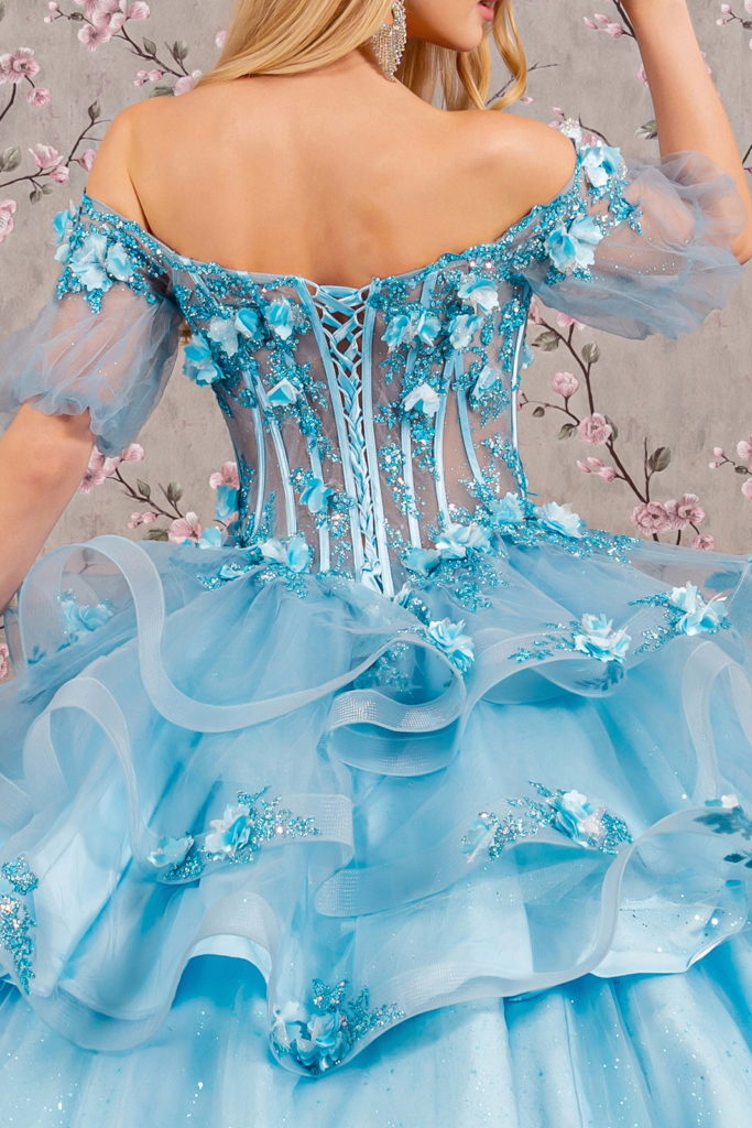 3-D Flower Applique Sheer Bodice Quinceanera Gown w/ Ruffle Skirt-5