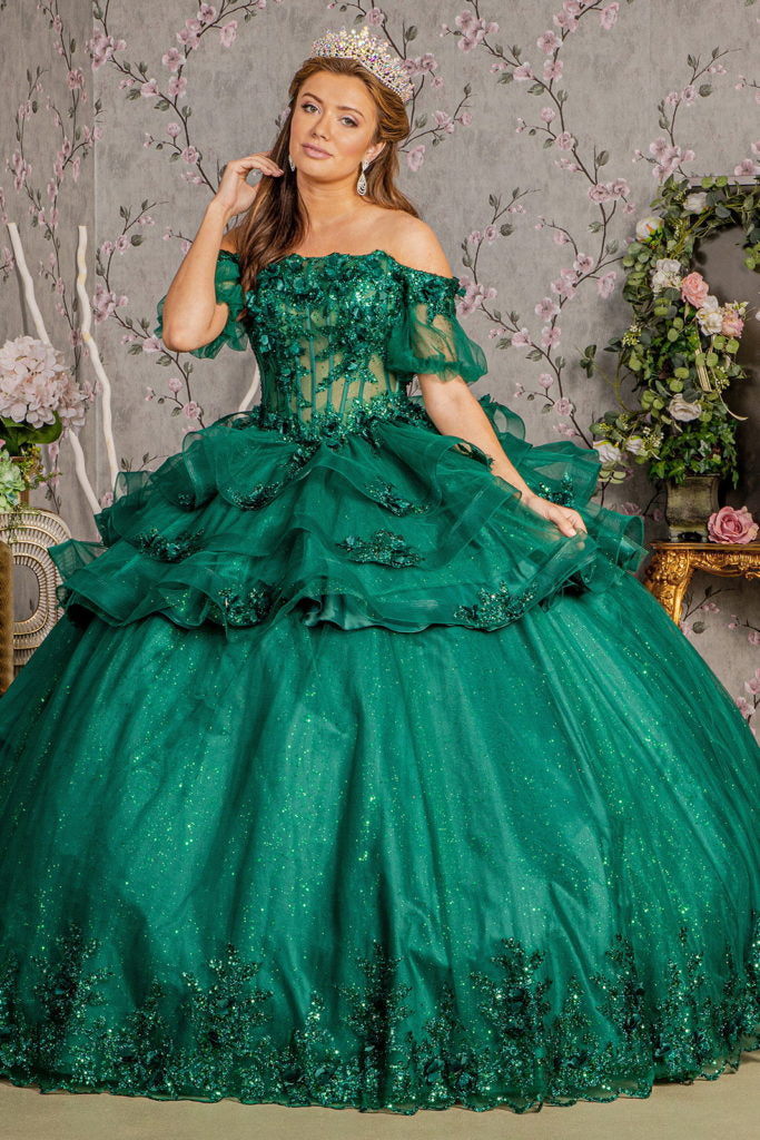 3-D Flower Applique Sheer Bodice Quinceanera Gown w/ Ruffle Skirt-10