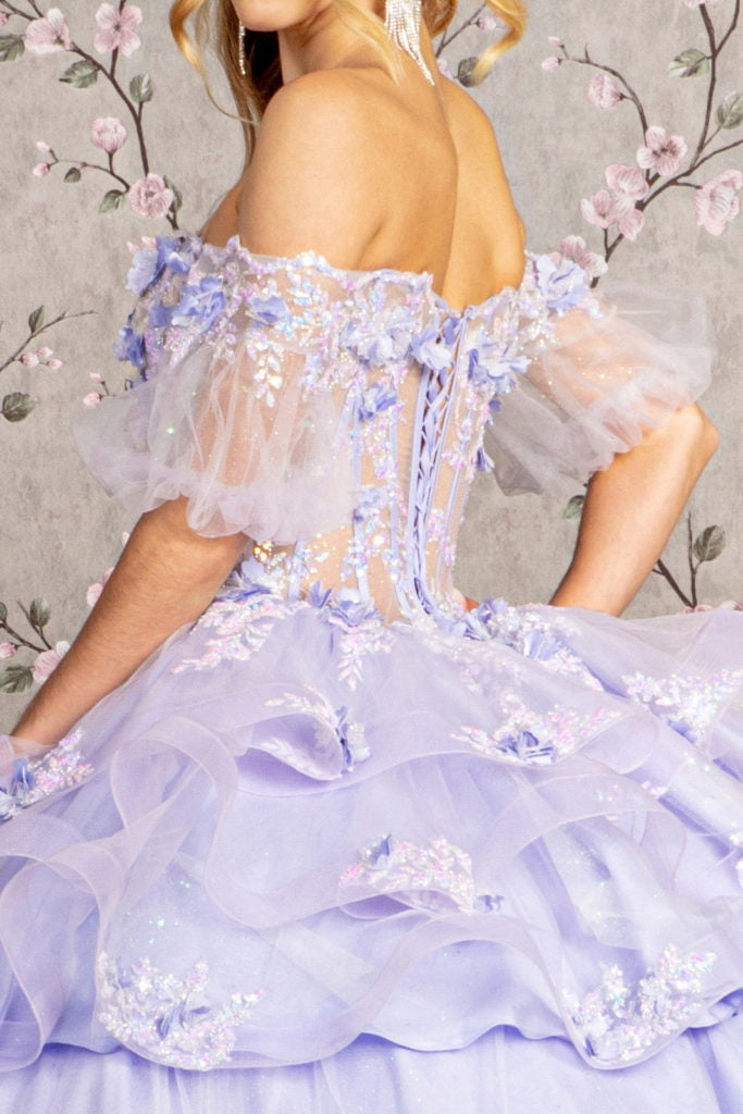 3-D Flower Applique Sheer Bodice Quinceanera Gown w/ Ruffle Skirt-9