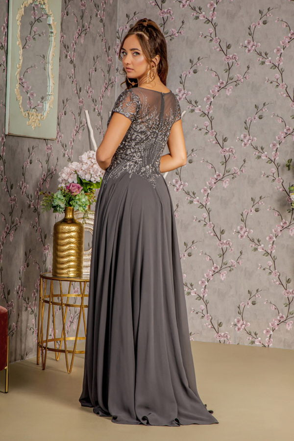 Bead Embroidery Sheer Neckline Chiffon A-line Long Dress-5