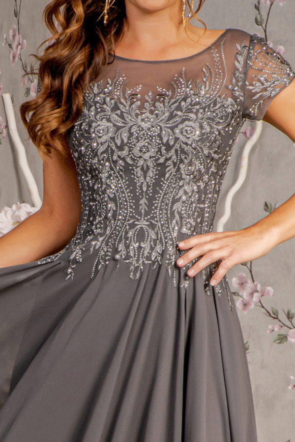 Bead Embroidery Sheer Neckline Chiffon A-line Long Dress-6