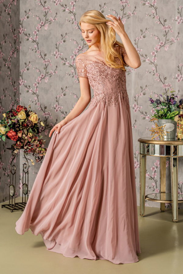 Bead Embroidery Sheer Neckline Chiffon A-line Long Dress-8
