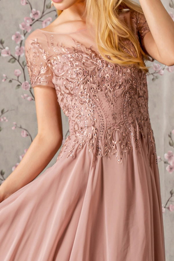 Bead Embroidery Sheer Neckline Chiffon A-line Long Dress-9