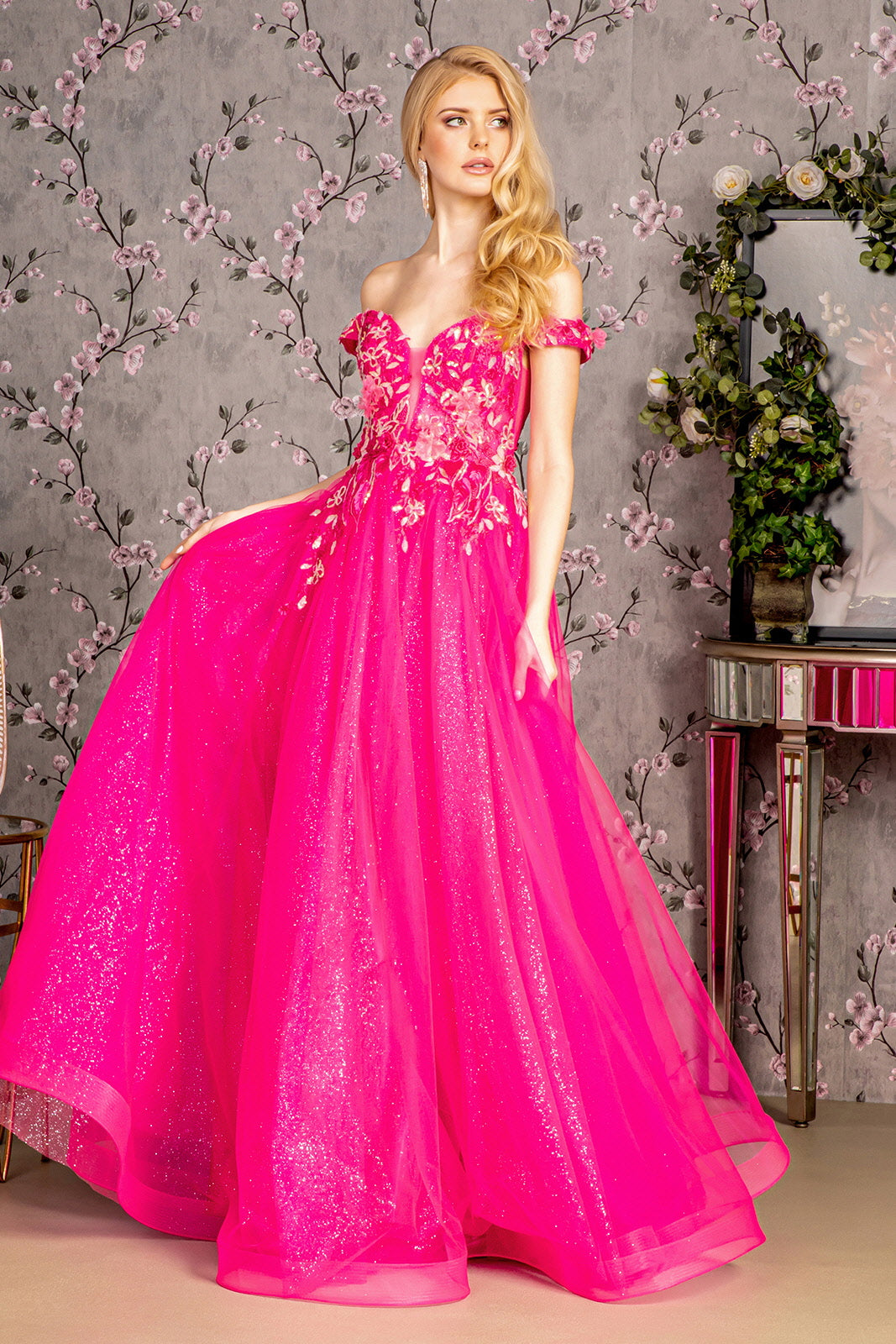 3D Flower Emboridery Sheer Bodice Mesh A-line Long Prom Dress GLGL3443-0