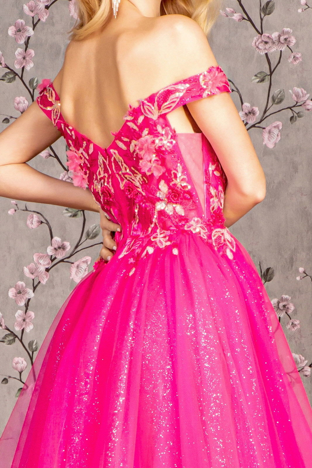 3D Flower Emboridery Sheer Bodice Mesh A-line Long Prom Dress GLGL3443-3