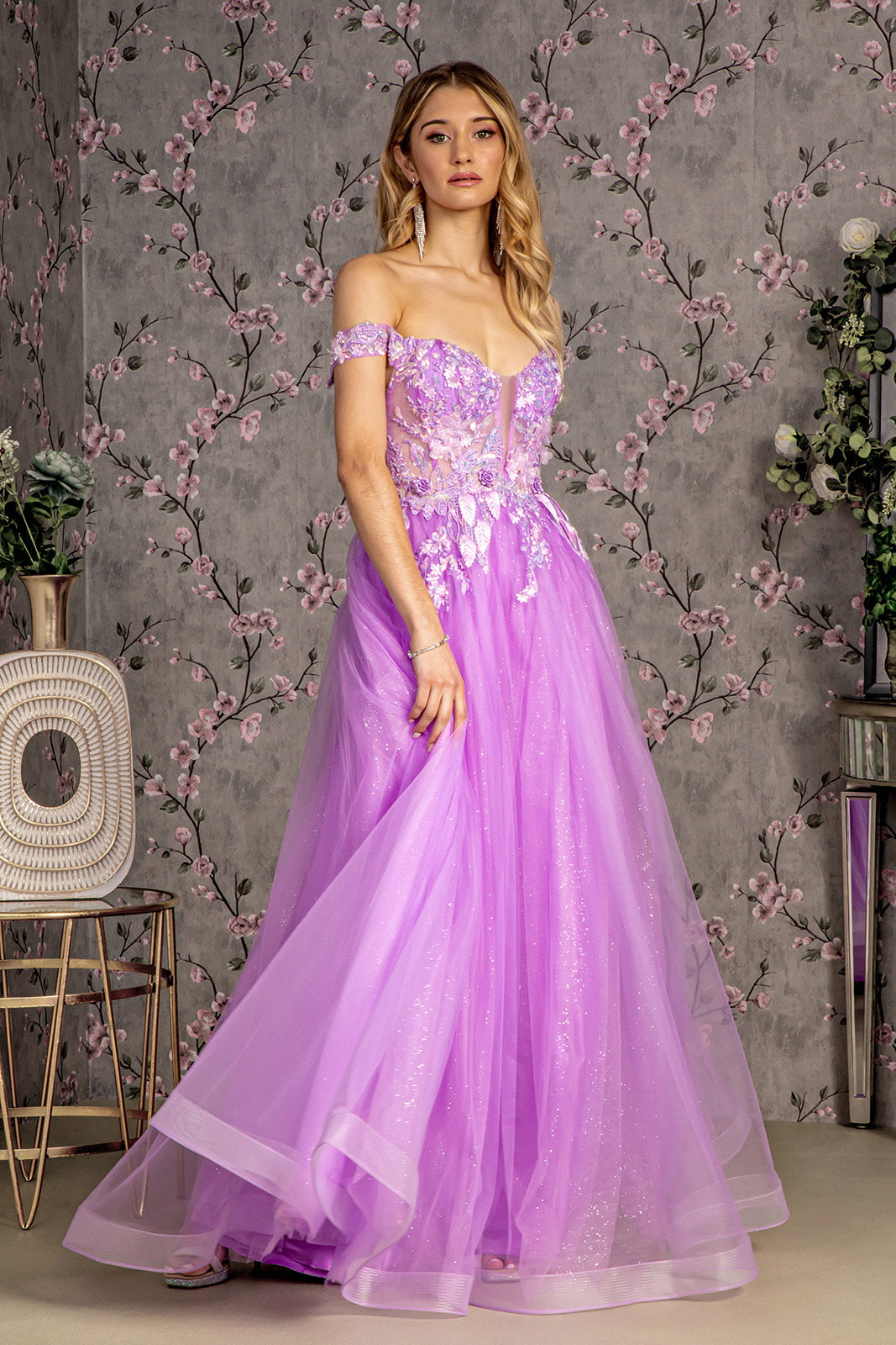 3D Flower Emboridery Sheer Bodice Mesh A-line Long Prom Dress GLGL3443-4