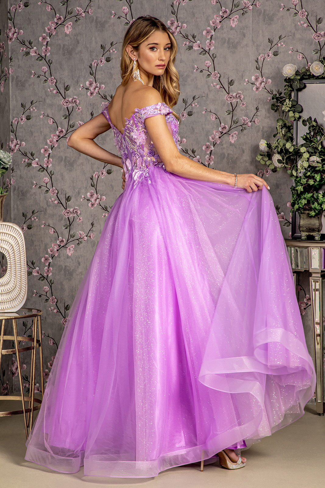 3D Flower Emboridery Sheer Bodice Mesh A-line Long Prom Dress GLGL3443-5