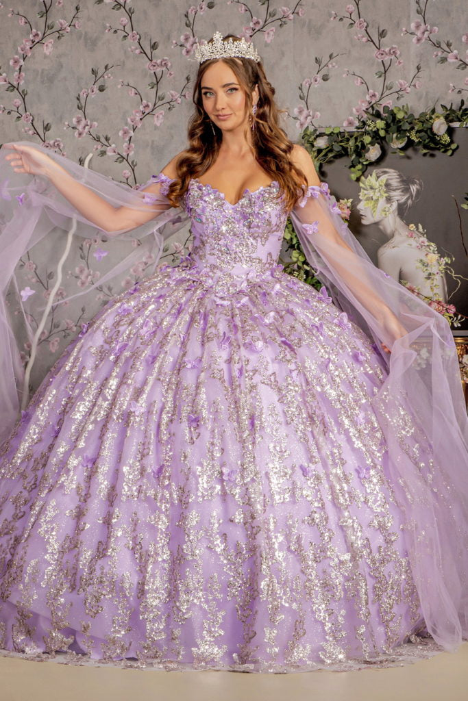 Jewel 3-D Butterfly Mesh Ball Gown w/ Long Sheer Sleeve Drapes-6