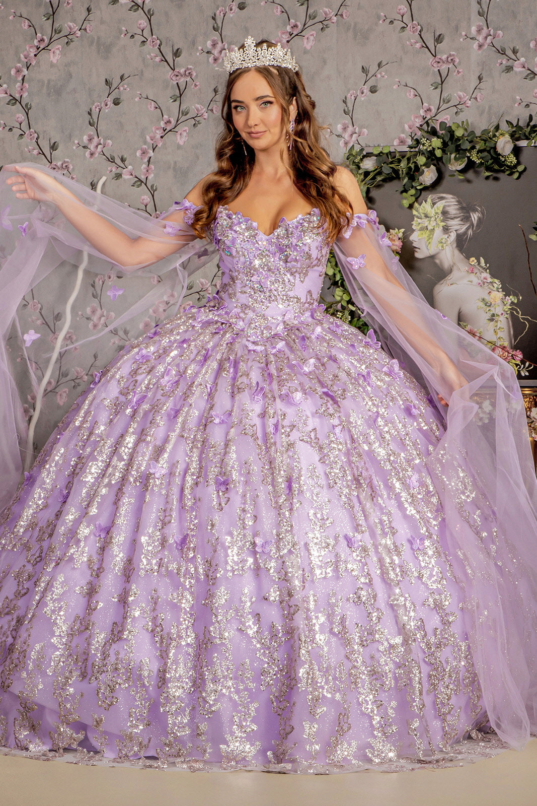 Jewel 3D Butterfly Mesh w/ Long Sheer Sleeve Drapes Long Quinceanera Dress GLGL3451-13