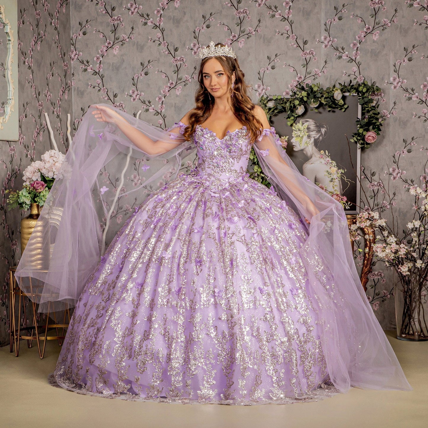 Jewel 3D Butterfly Mesh w/ Long Sheer Sleeve Drapes Long Quinceanera Dress GLGL3451-7