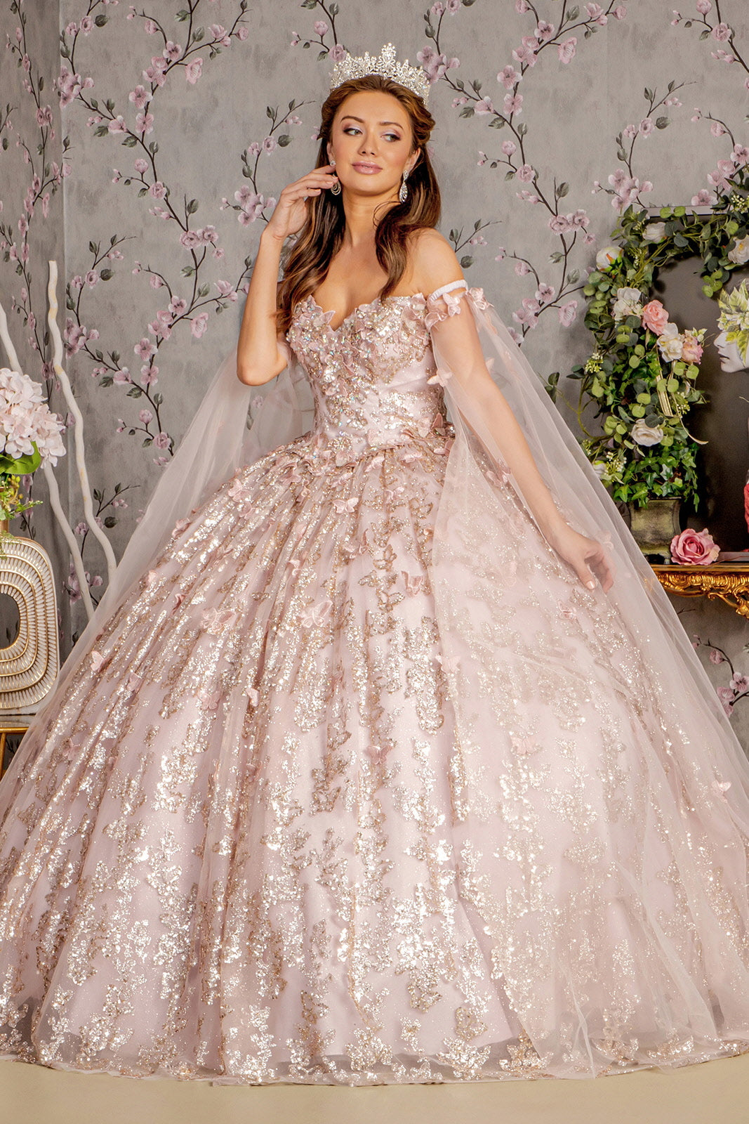 Jewel 3D Butterfly Mesh w/ Long Sheer Sleeve Drapes Long Quinceanera Dress GLGL3451-14