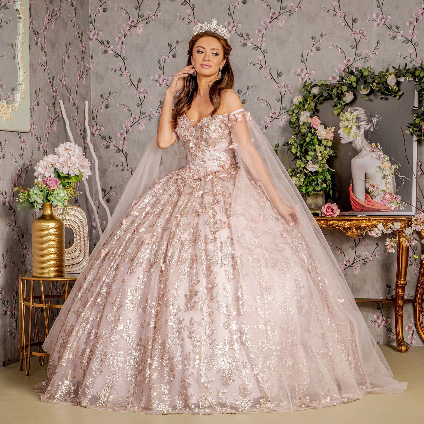 Jewel 3D Butterfly Mesh w/ Long Sheer Sleeve Drapes Long Quinceanera Dress GLGL3451-10