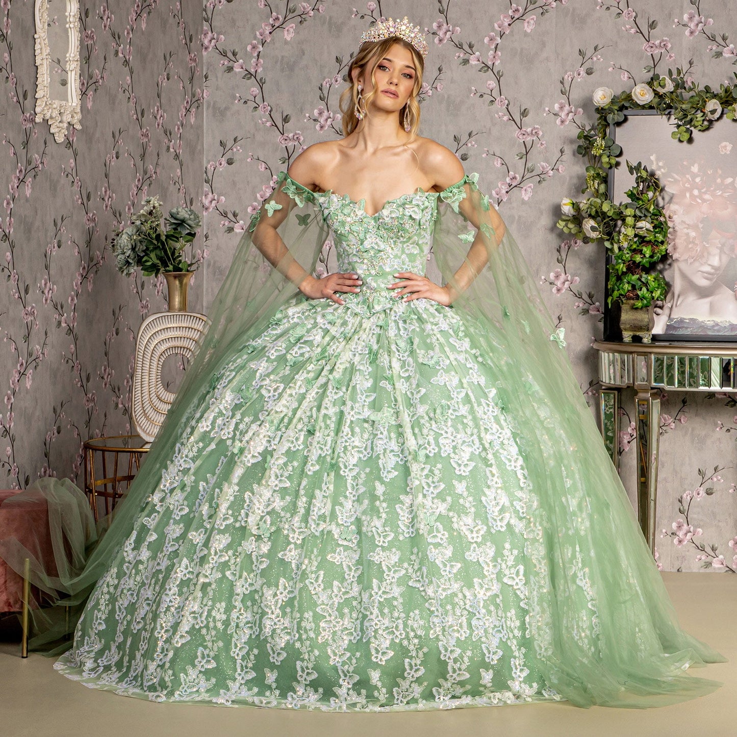 Jewel 3D Butterfly Mesh w/ Long Sheer Sleeve Drapes Long Quinceanera Dress GLGL3451-2