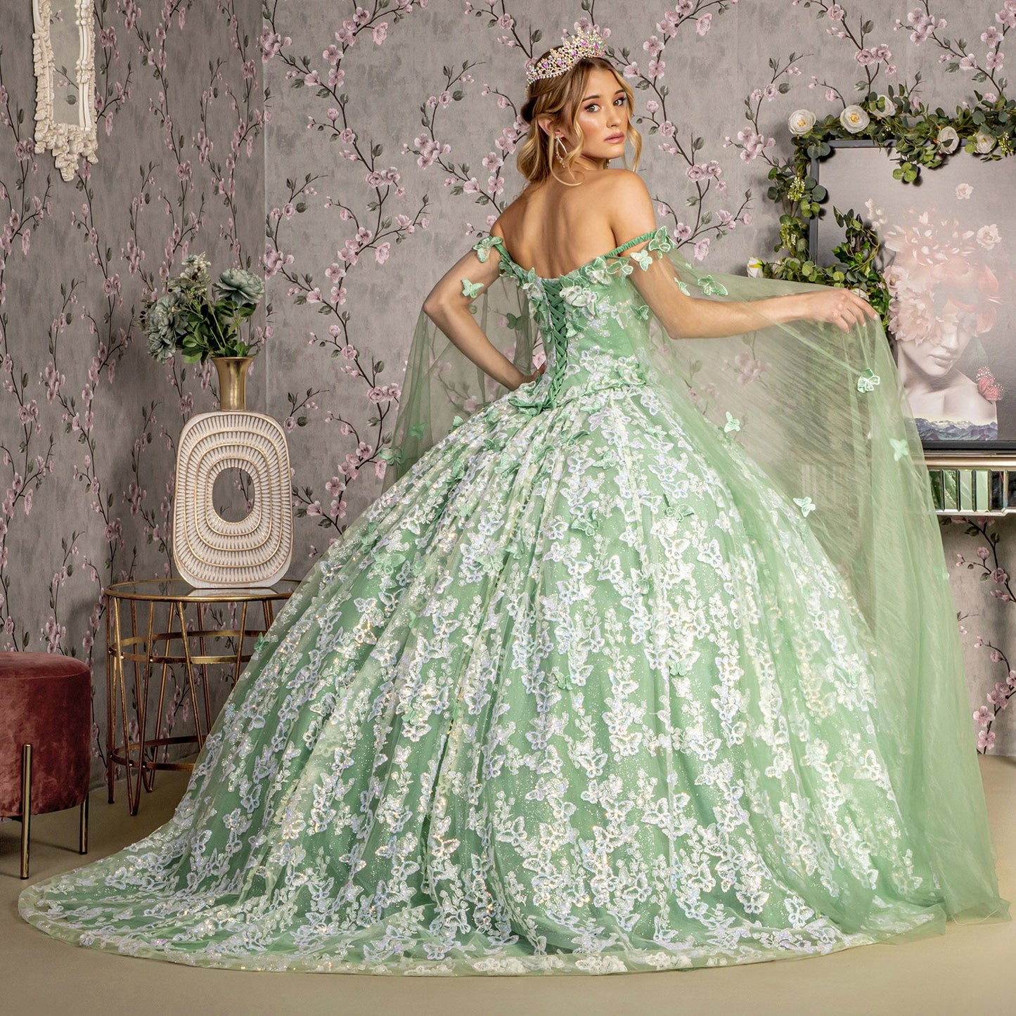 Jewel 3D Butterfly Mesh w/ Long Sheer Sleeve Drapes Long Quinceanera Dress GLGL3451-3