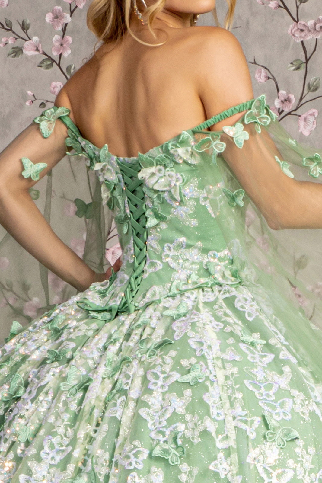 Jewel 3D Butterfly Mesh w/ Long Sheer Sleeve Drapes Long Quinceanera Dress GLGL3451-4