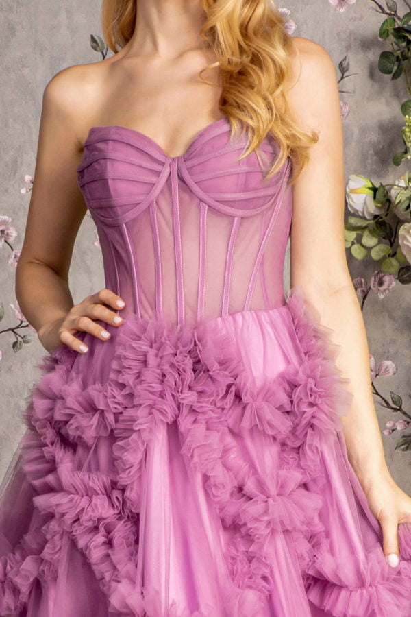 Strapless Sheer Bodice Ruffled Skirt Mesh A-line Long Dress-5