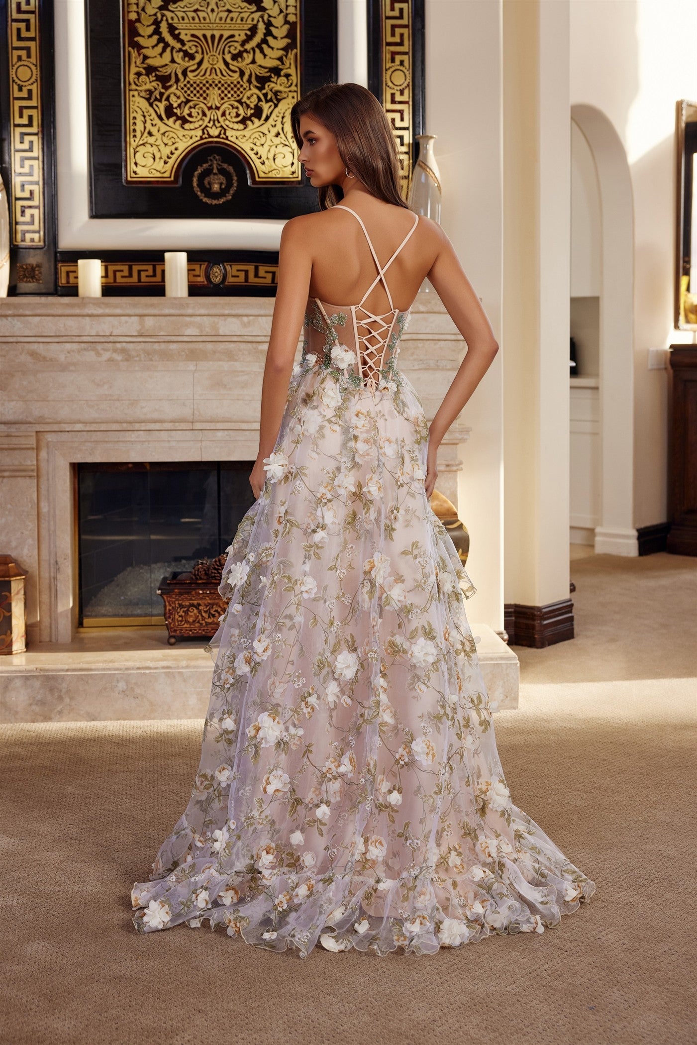 Sleeveless Fashion Forward Gown w/ Floral Appliqué & Layered Skirt NXG1783-4