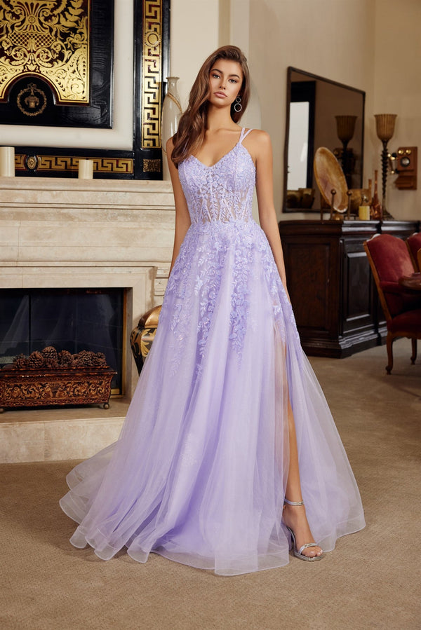 Luminous Striking Elegant Shimmering V-neck Prom Dress w/ Romantic Floral Bodice NXH1882-0