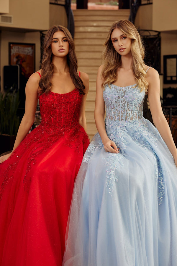 Sleeveless Layered Graduation Gown w/ Lace Applique Over Corset Bodice NXH1886-0