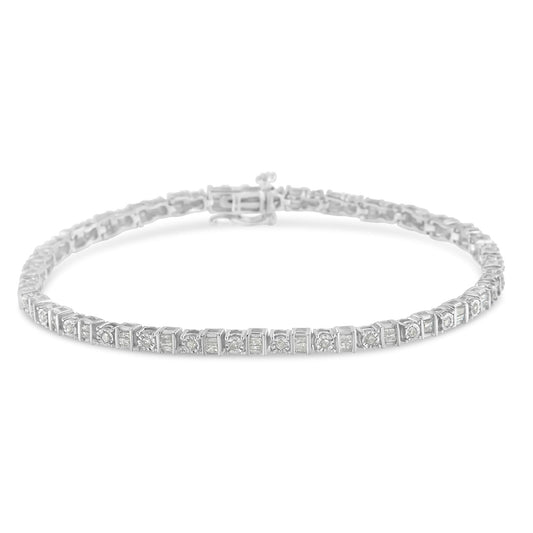 .925 Sterling Silver 1.0 Cttw Round & Baguette Cut Diamond 7" Alternating Round and Square Station Tennis Bracelet (I-J Color, I3 Clarity)-0