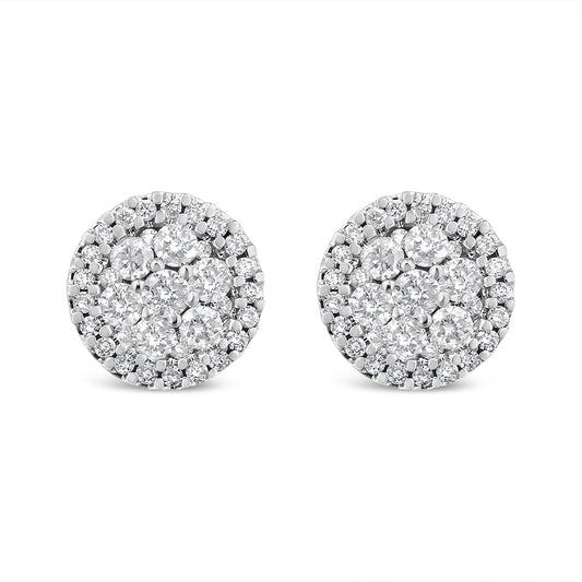 AGS Certified 14K White Gold 1.0 Cttw Brilliant-Cut Diamond Halo-Style Cluster Round Button Stud Earrings (G-H Color, I1-I2 Clarity)-0