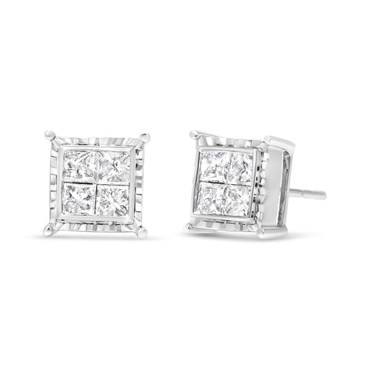 14K White Gold 1 1/2 Cttw Invisible Set Princess-Cut Diamond Contemporary Wavy Quad Stud Earrings (I-J Color, I1-I2 Clarity)-0