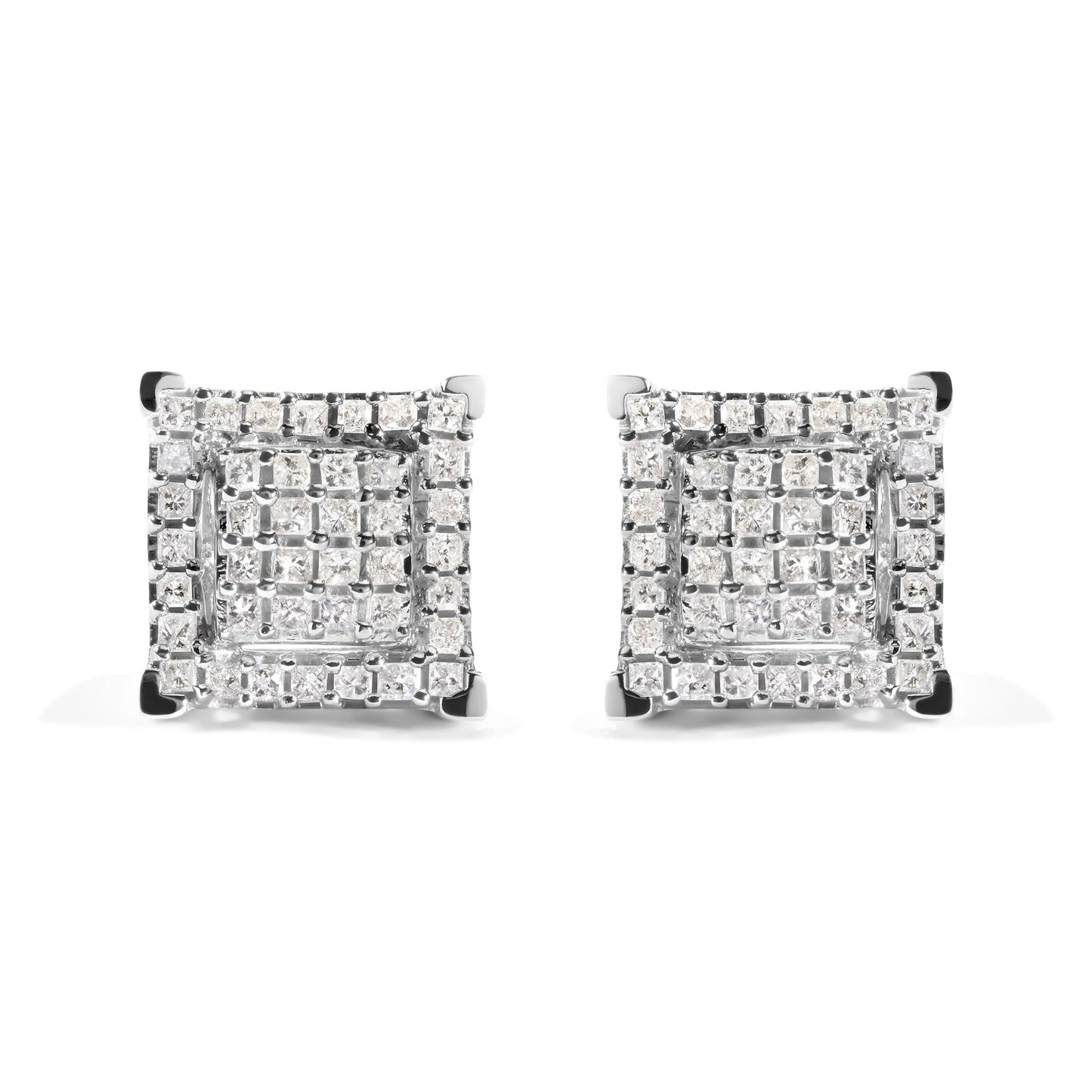 10K White Gold 1 1/4 Cttw Princess Diamond Composite Double Square and Halo Stud Earrings (I-J Color, I1-I2 Clarity)-0