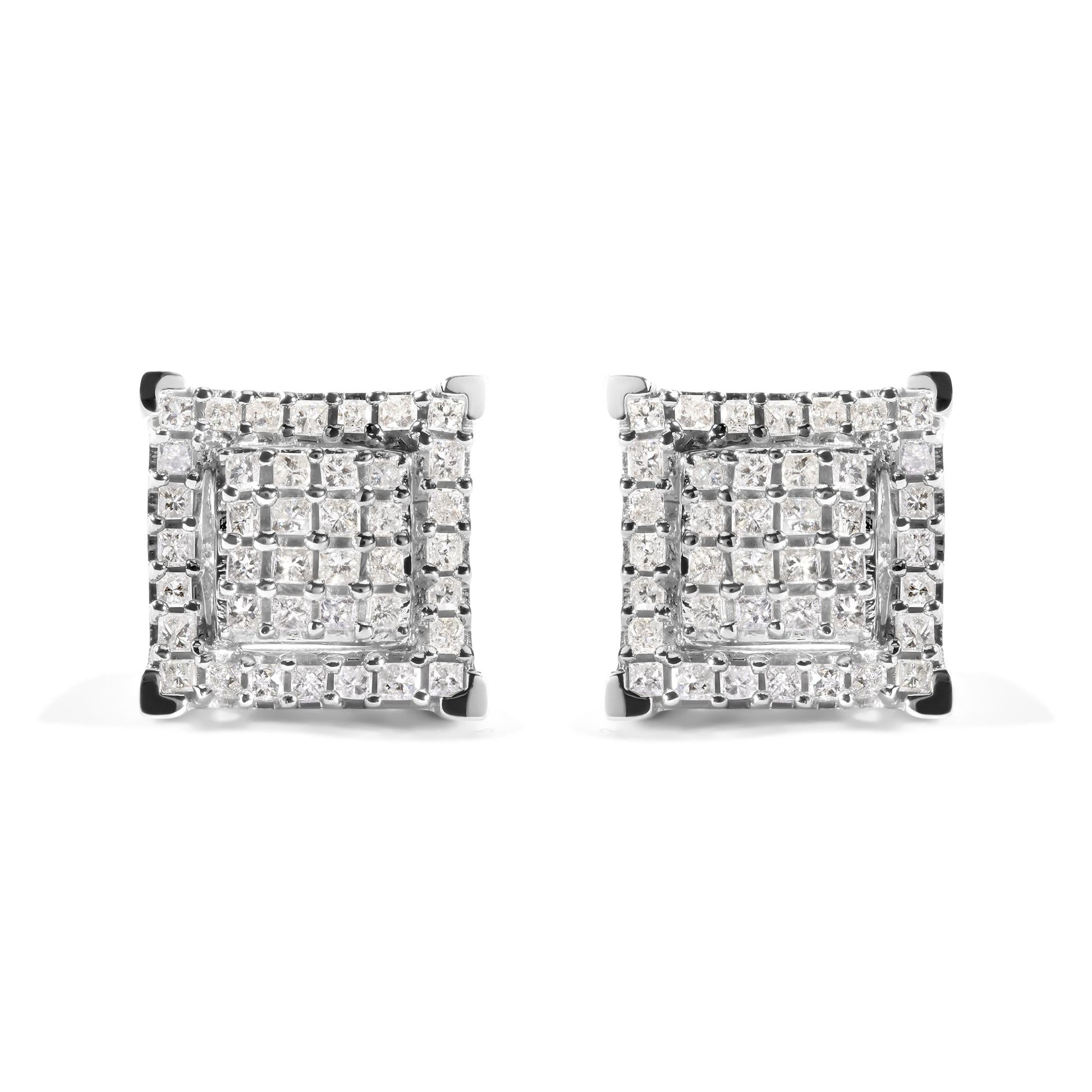 10K White Gold 1 1/4 Cttw Princess Diamond Composite Double Square and Halo Stud Earrings (I-J Color, I1-I2 Clarity)-0