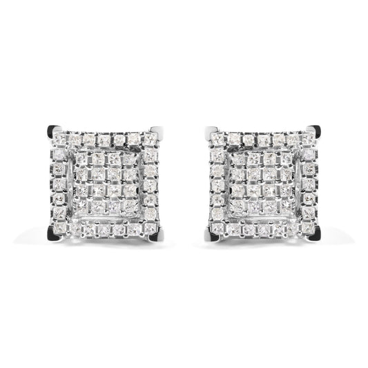 10K White Gold 1 1/4 Cttw Princess Diamond Composite Double Square and Halo Stud Earrings (I-J Color, I1-I2 Clarity)-0