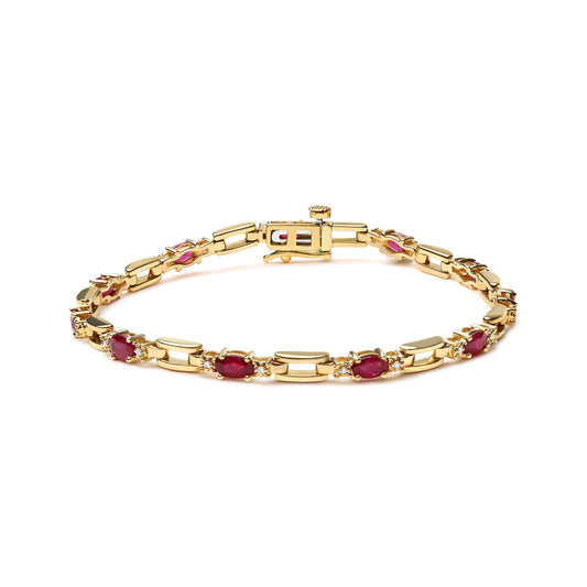 10K Yellow Gold Oval Ruby and 1/10 Cttw Diamond Bar Prong Set Bracelet (H-I Color, SI1-SI2 Clarity) - Size 7"-0